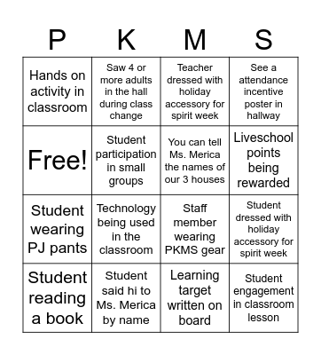 Parkside Panthers Bingo Card