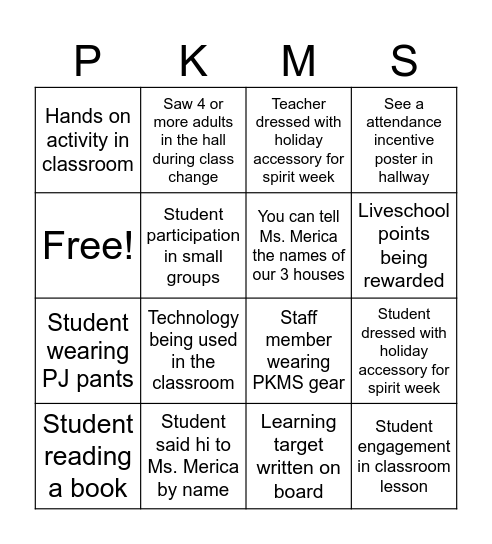 Parkside Panthers Bingo Card
