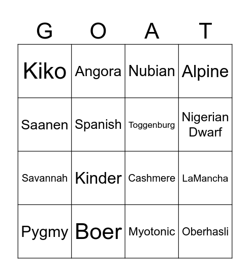 Goat Breeds Bingo Card