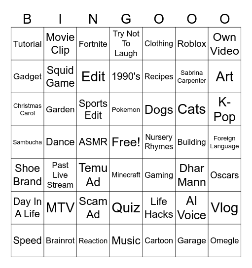 YouTube Short Bingo Card