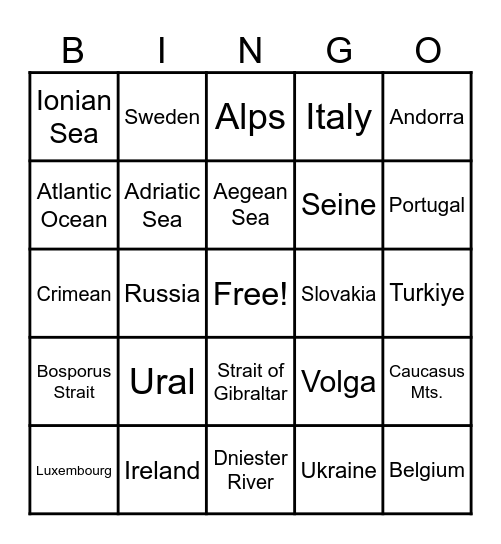 Europe Geography Review Bingo Card