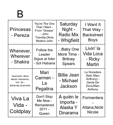 Bingo Musical Bingo Card