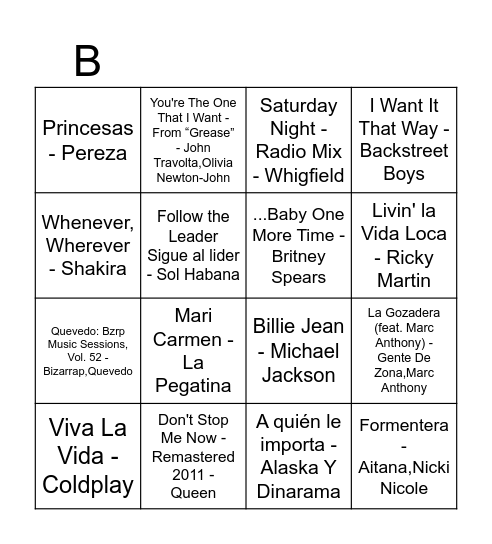 Bingo Musical Bingo Card