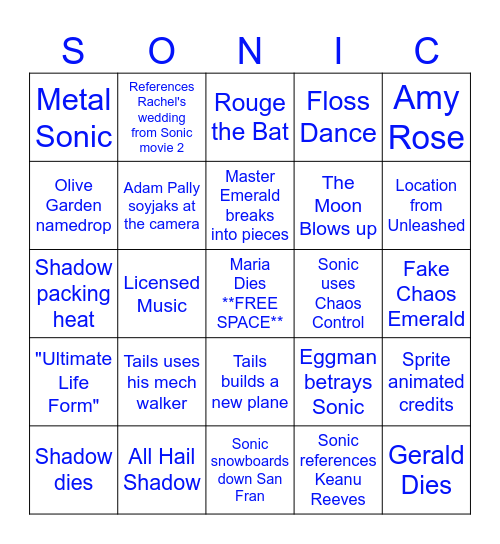 Sonic 3 Bingo Card