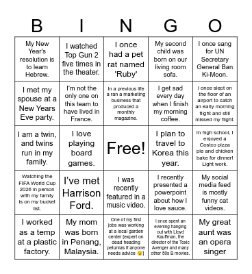 FR Team Holiday Bingo Card