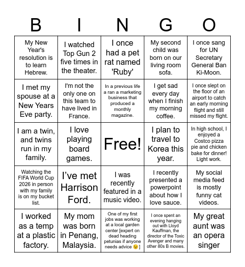 FR Team Holiday Bingo Card