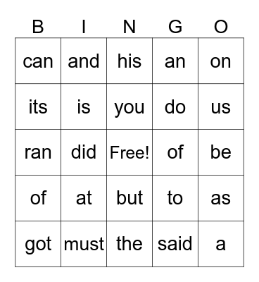 SK Sight Words Bingo Card
