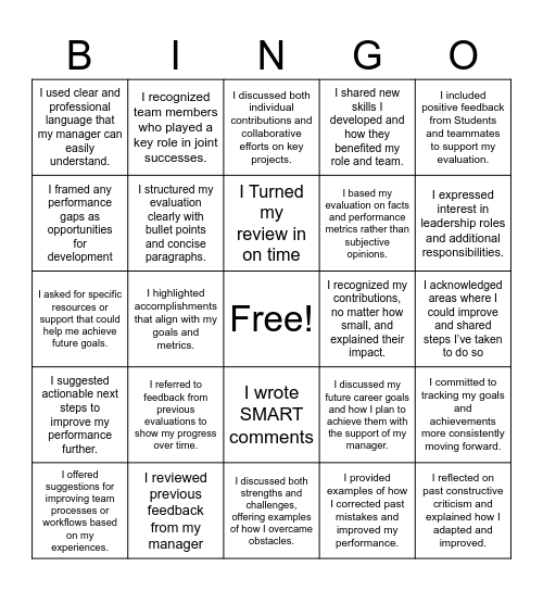 The Do's of Self-Evaluations Bingo Card