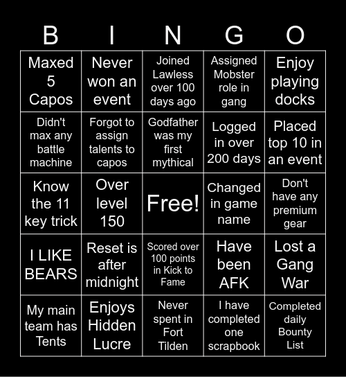 Idle Mafia Bingo 3 Bingo Card