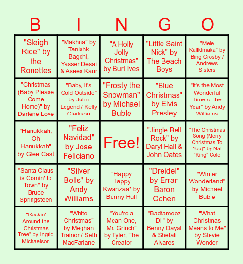 Virtual Holiday Music Bingo Card