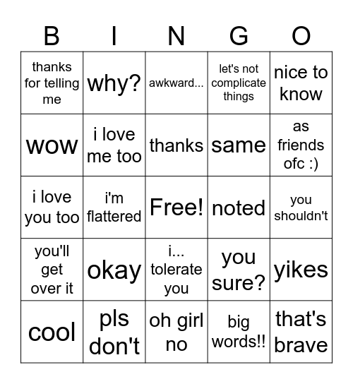 "i love you" Bingo Card