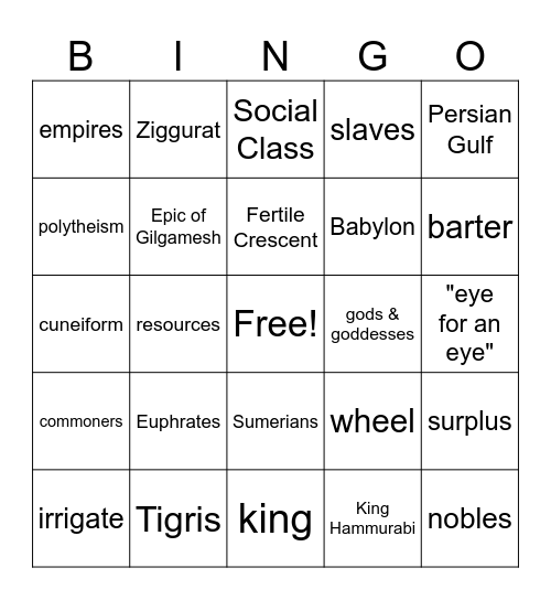 Ancient Mesopotamia Bingo Card