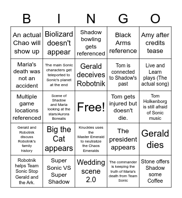 Sonic 3 Bingo Card