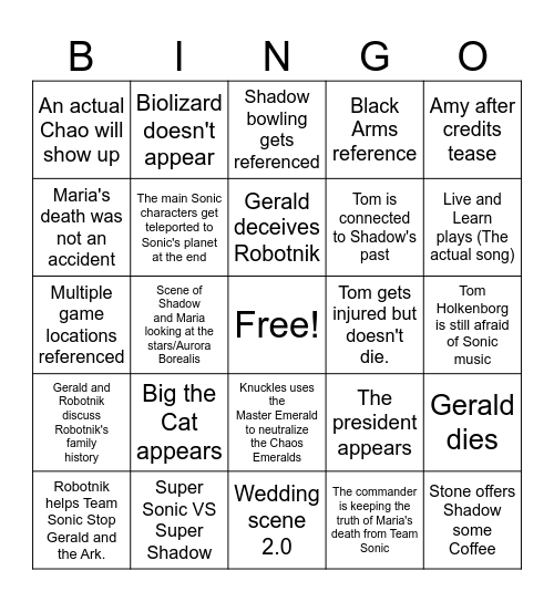 Sonic 3 Bingo Card