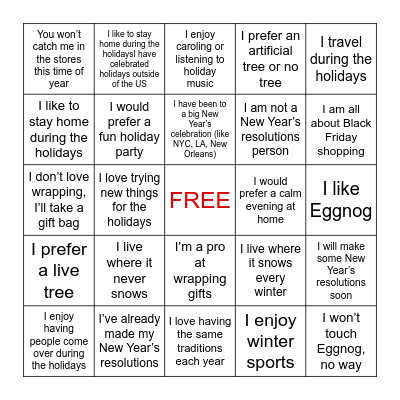 Holiday BINGO Activity Bingo Card