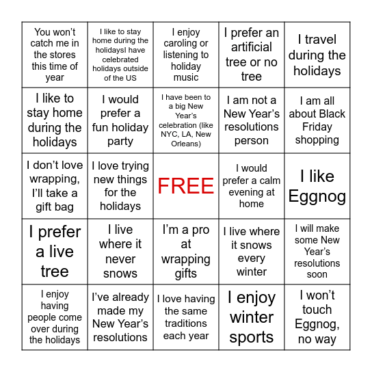 Holiday BINGO Activity Bingo Card