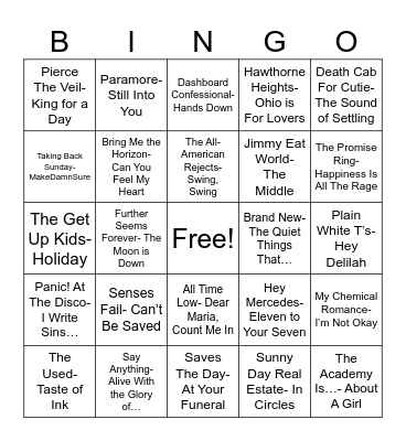 Radio Bingo Emo Bands Bingo Card