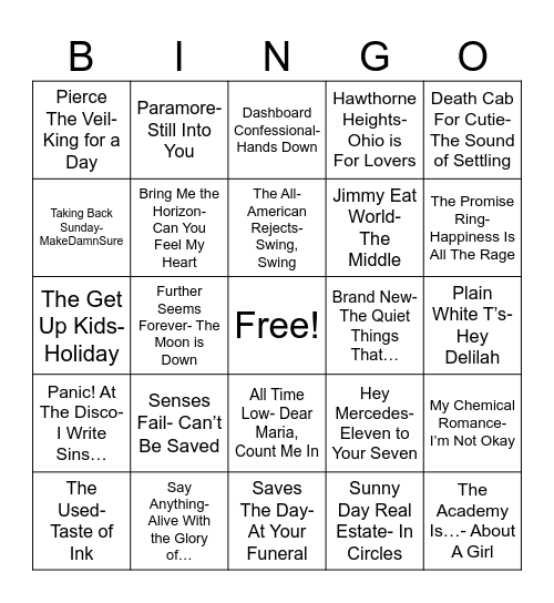 Radio Bingo Emo Bands Bingo Card