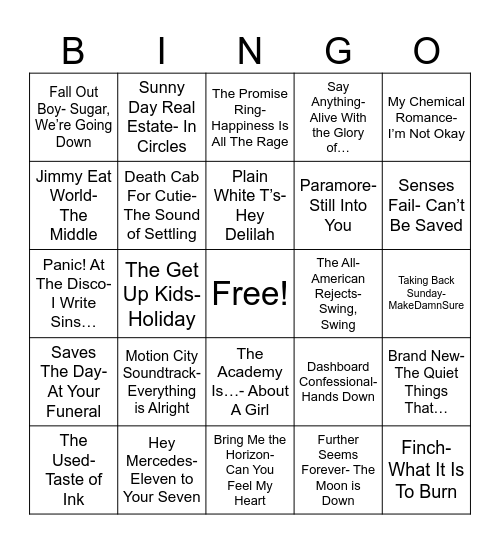 Radio Bingo Emo Bands Bingo Card