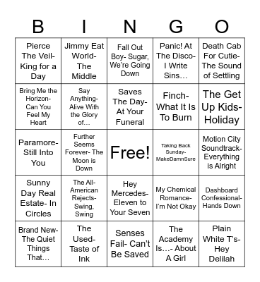 Radio Bingo Emo Bands Bingo Card
