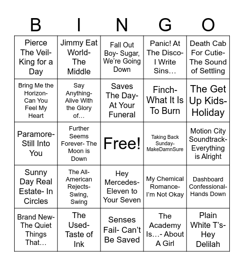 Radio Bingo Emo Bands Bingo Card