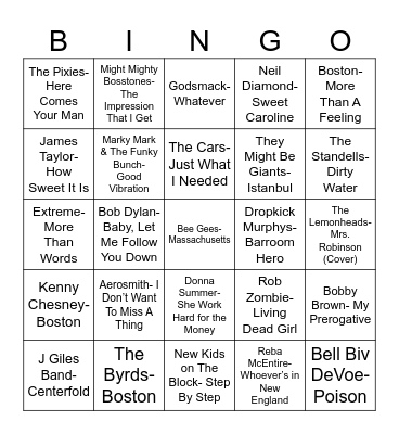 Radio Bingo Massachusetts Music Bingo Card