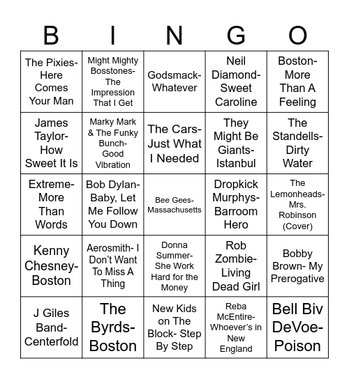 Radio Bingo Massachusetts Music Bingo Card