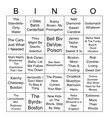 Radio Bingo Massachusetts Music Bingo Card