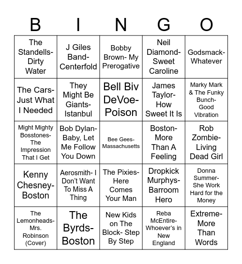 Radio Bingo Massachusetts Music Bingo Card