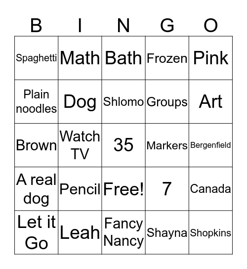 Shayna's Birthday Bingo Card