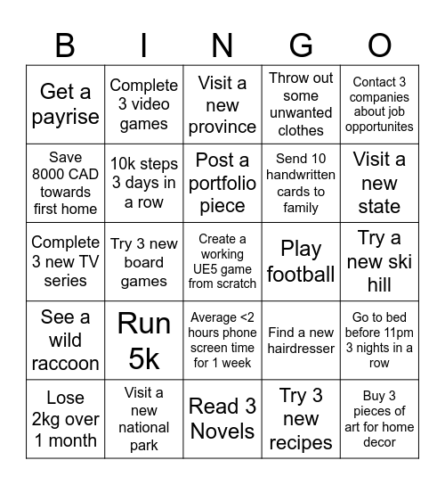 2025 Personal Goals Bingo Card