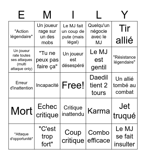 Emily fight Bingo Card