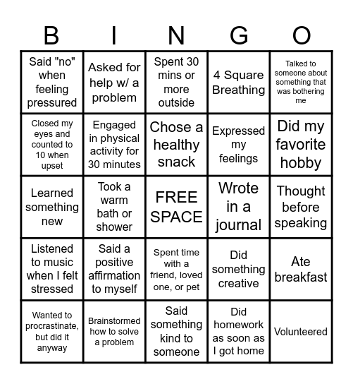 Stress Management BINGO Card