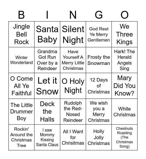 Christmas Songs/ Carols Bingo Card