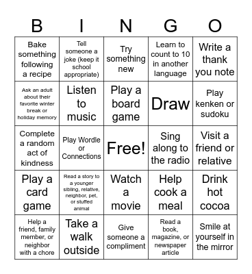 Winter Break Bingo Card