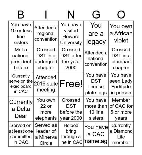 Delta Sigma Theta Bingo Card