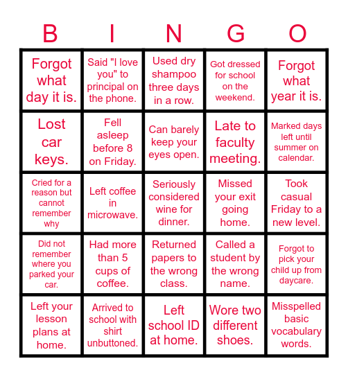 Tired Teacher Bingo Card