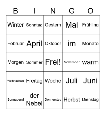 Days, Month, & Seasons German Vocabulary Bingo Card