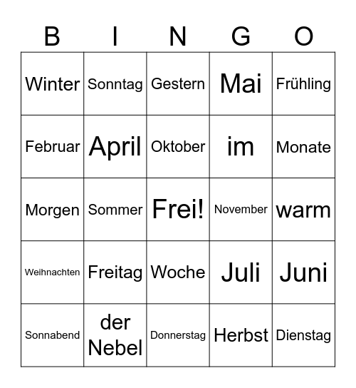 Days, Month, & Seasons German Vocabulary Bingo Card