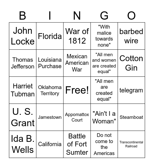 US History Review Bingo Card