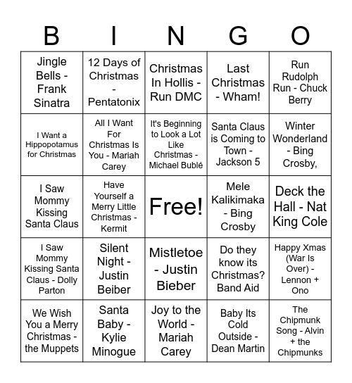 XTINA'S XMAS MUSIC BINGO Card