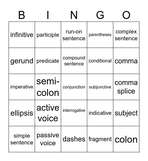 Grammar Bingo Card