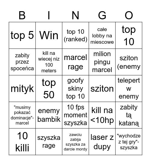 Fortnite bingo Card