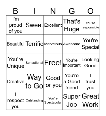 Positive Words Bingo Card