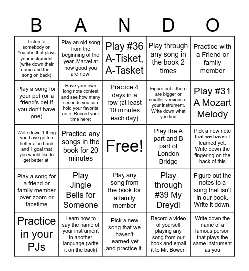 Belleaire BANDO       Name________________ Bingo Card