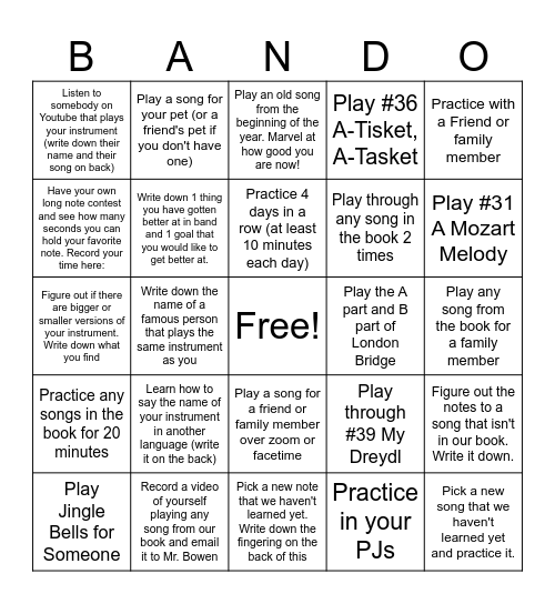 Belleaire BANDO       Name________________ Bingo Card