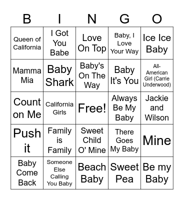 Baby Song Bingo Card