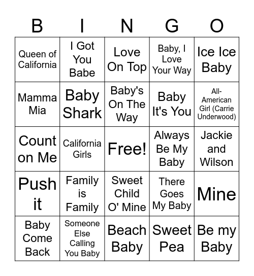 Baby Song Bingo Card