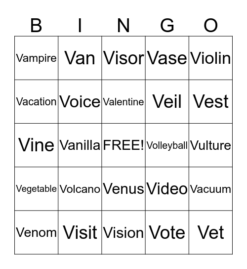 Letter V Bingo Card