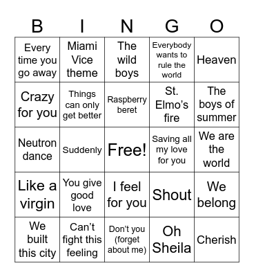 Top Hits of 1985 Bingo Card